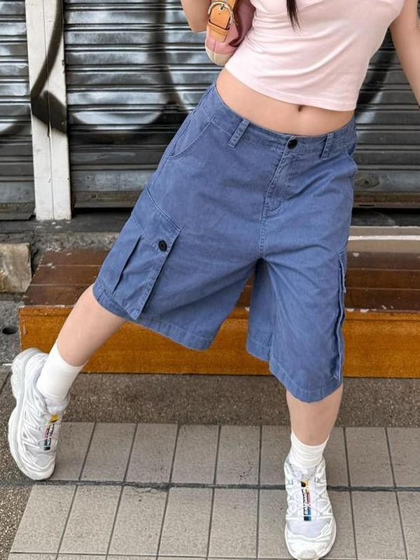 Retro Large Pockets Denim Shorts