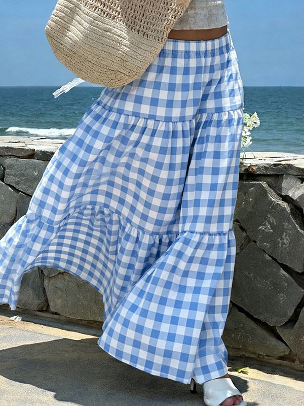 Holiday-Style Blue Check Maxi Skirt