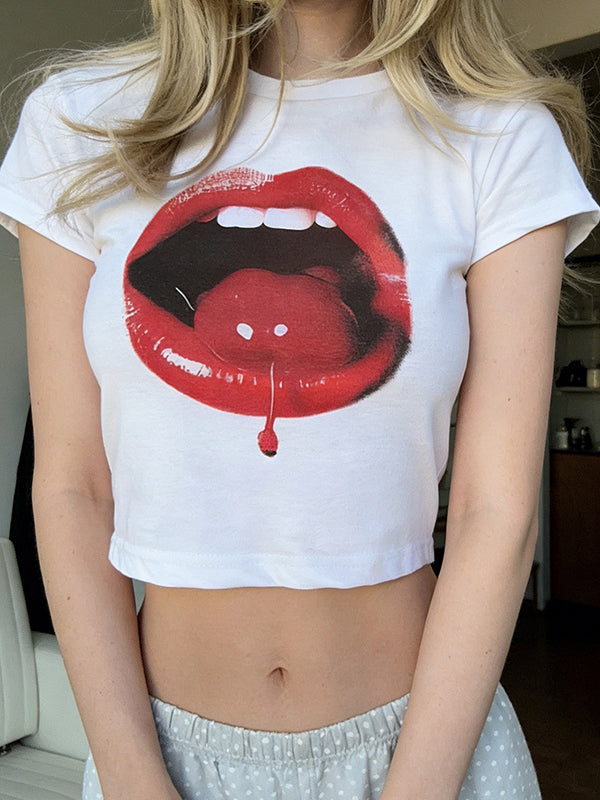 Cherry Print On The Lips Short Sleeve