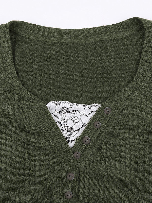 Lace Paneled Button Long Sleeve Knit Top