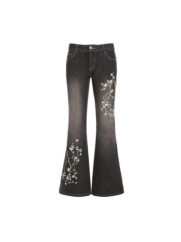Floral Embroidery Slim Fit Flare Jeans