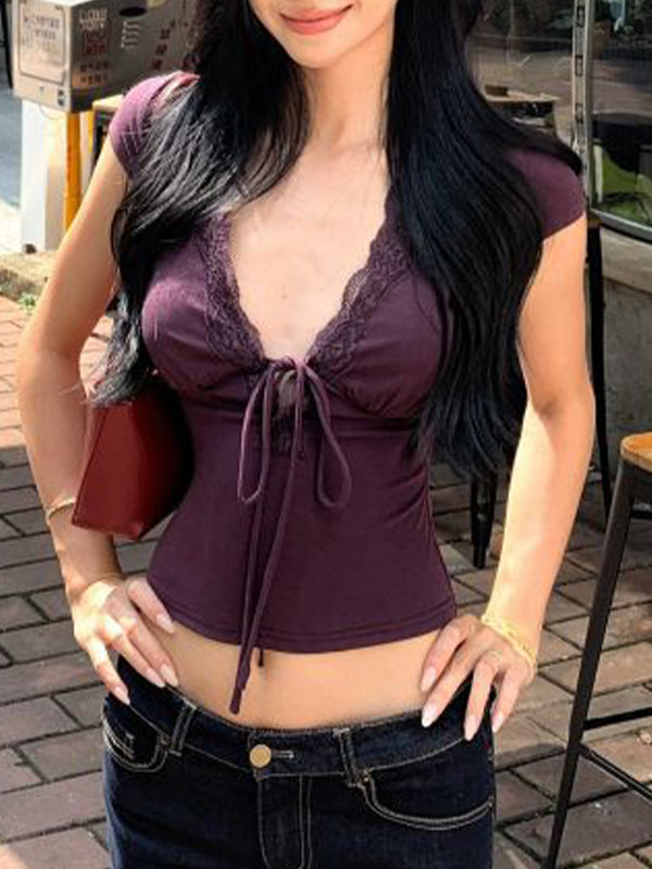 V-Neck Lace With Ties Short Sleeve