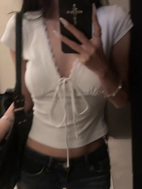 V-Neck Lace With Ties Short Sleeve