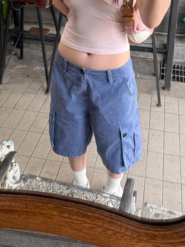 Retro Large Pockets Denim Shorts