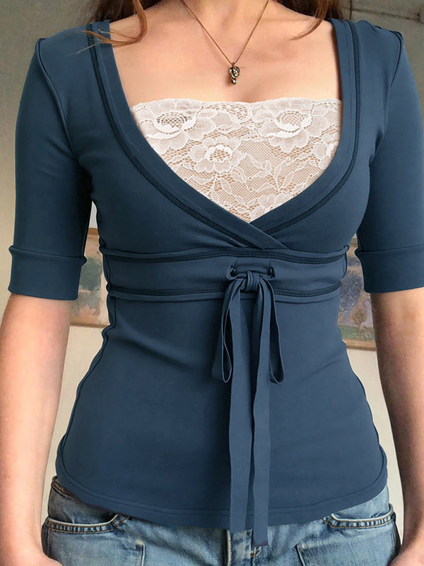 Lace-Trimmed Tie-Up Short Sleeve