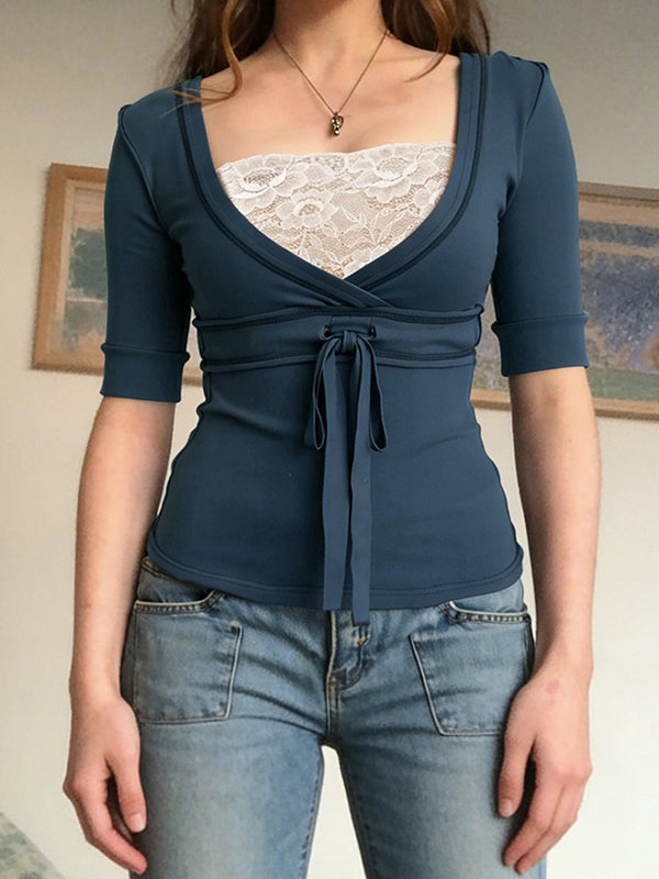 Lace-Trimmed Tie-Up Short Sleeve