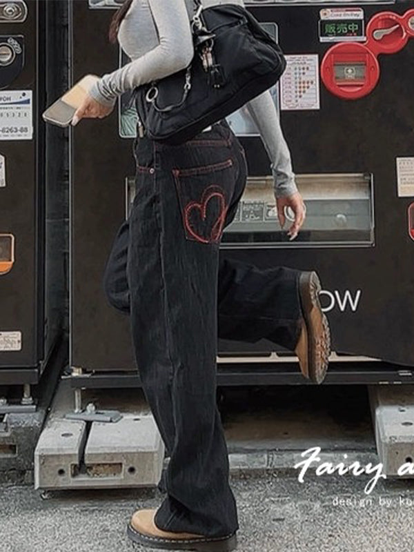 Vintage Heart Embroidery Boyfriend Jeans