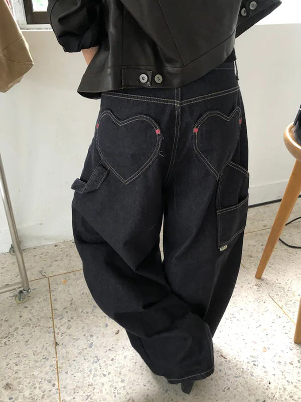 Retro Heart-Shaped Pocket Boyfriend Jeans