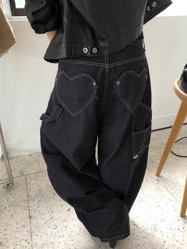 Retro Heart-Shaped Pocket Boyfriend Jeans