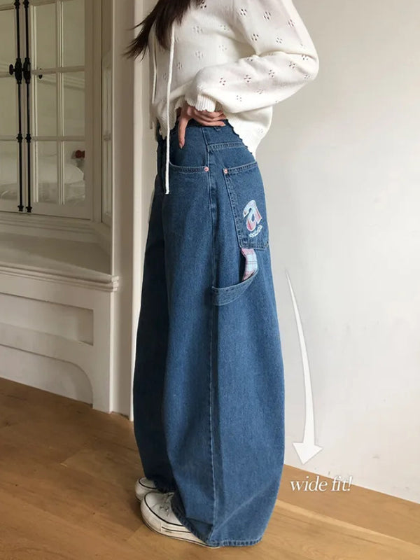 Checked Ribbon Letters Boyfriend Jeans
