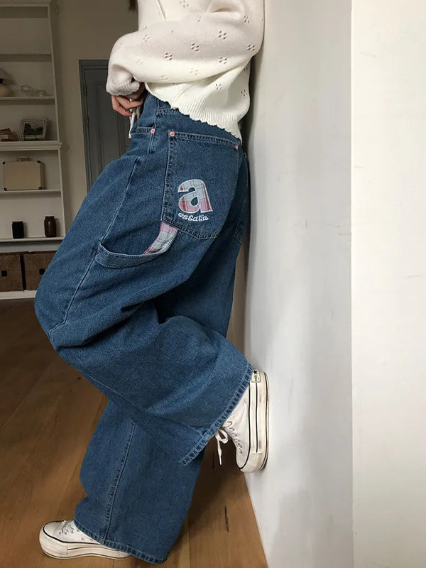 Checked Ribbon Letters Boyfriend Jeans