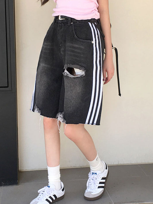 American-Style Three-Strap Denim Shorts