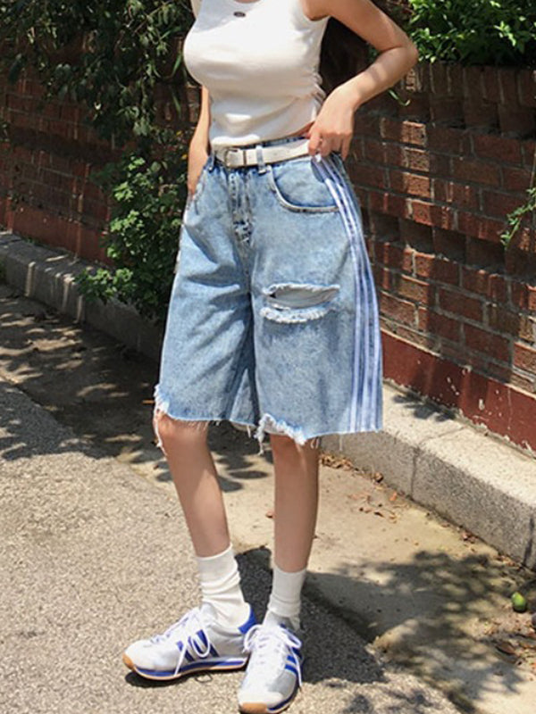 American-Style Three-Strap Denim Shorts