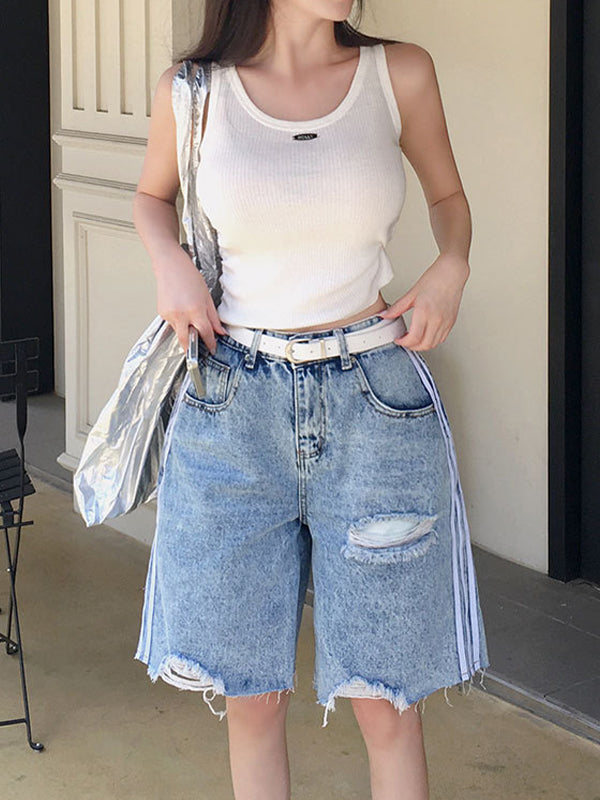 American-Style Three-Strap Denim Shorts