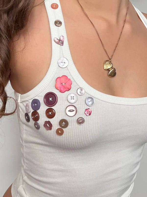 Colourful Hand-Sewn Buttons Halter Vest