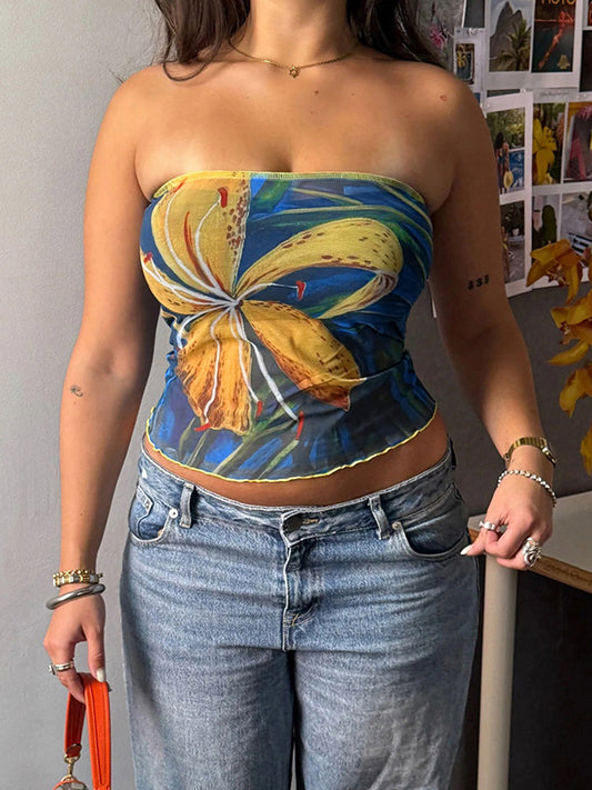 Retro Floral Print Bandeau Top