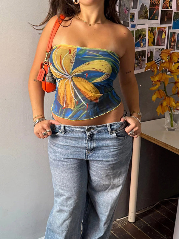 Retro Floral Print Bandeau Top