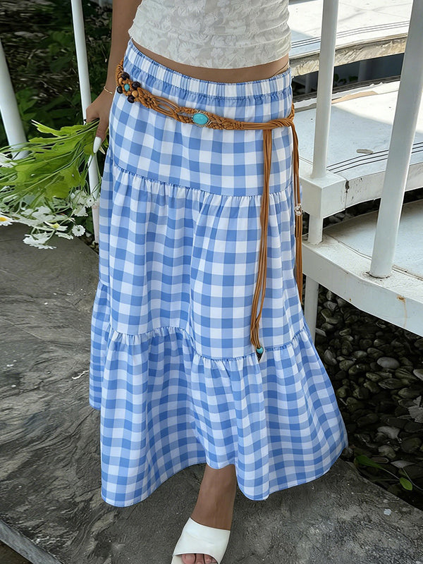 Holiday-Style Blue Check Maxi Skirt