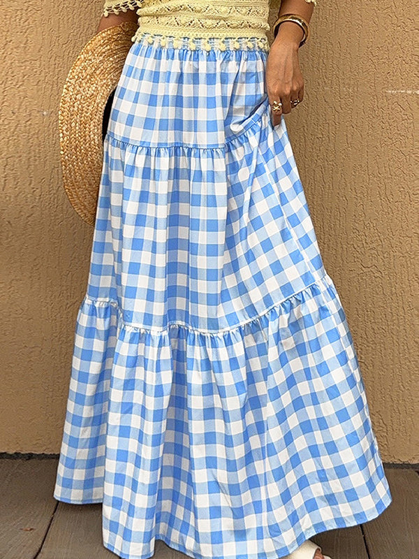 Holiday-Style Blue Check Maxi Skirt