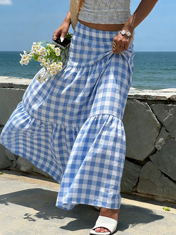 Holiday-Style Blue Check Maxi Skirt
