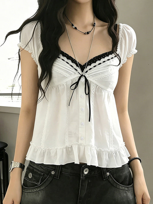 Cute Girl-Style Colour Blocking Short Sleeve