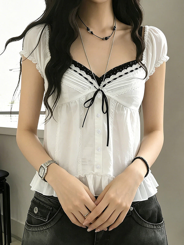 Cute Girl-Style Colour Blocking Short Sleeve