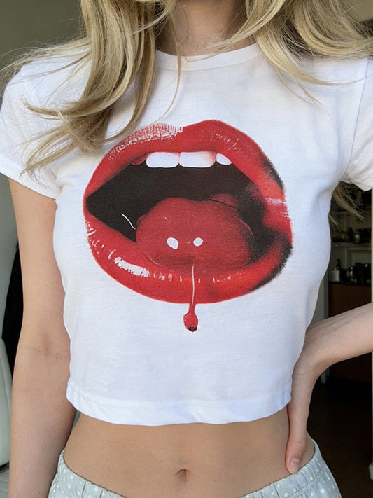 Cherry Print On The Lips Short Sleeve