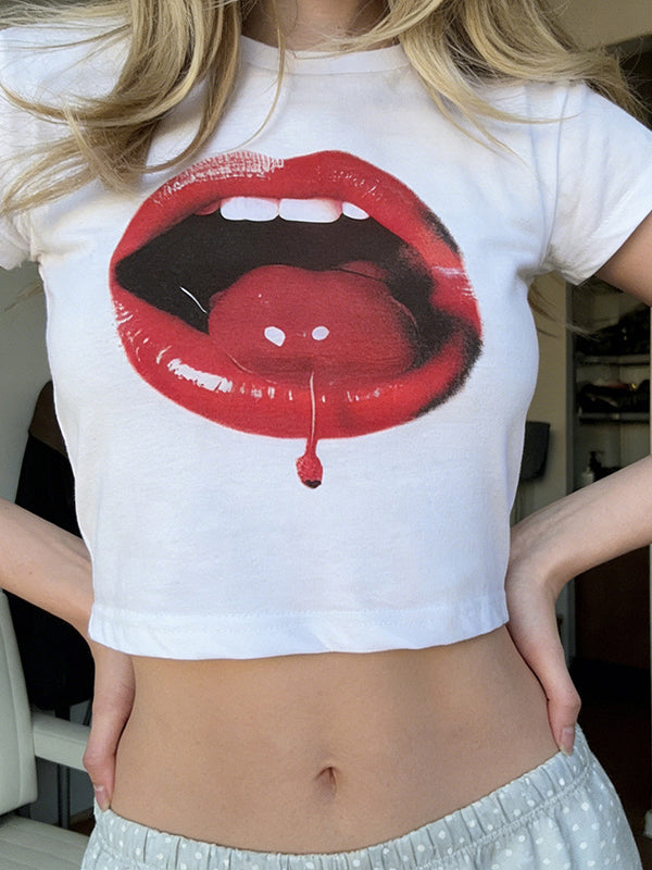 Cherry Print On The Lips Short Sleeve