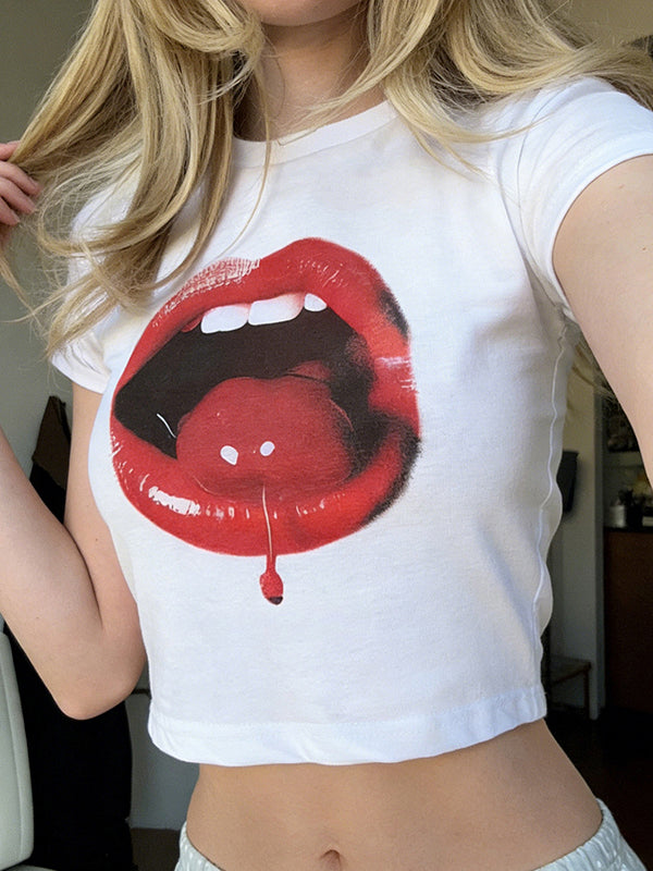 Cherry Print On The Lips Short Sleeve