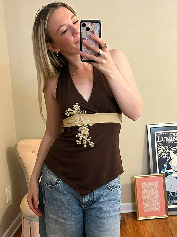 Brown Floral Print Halter Vest
