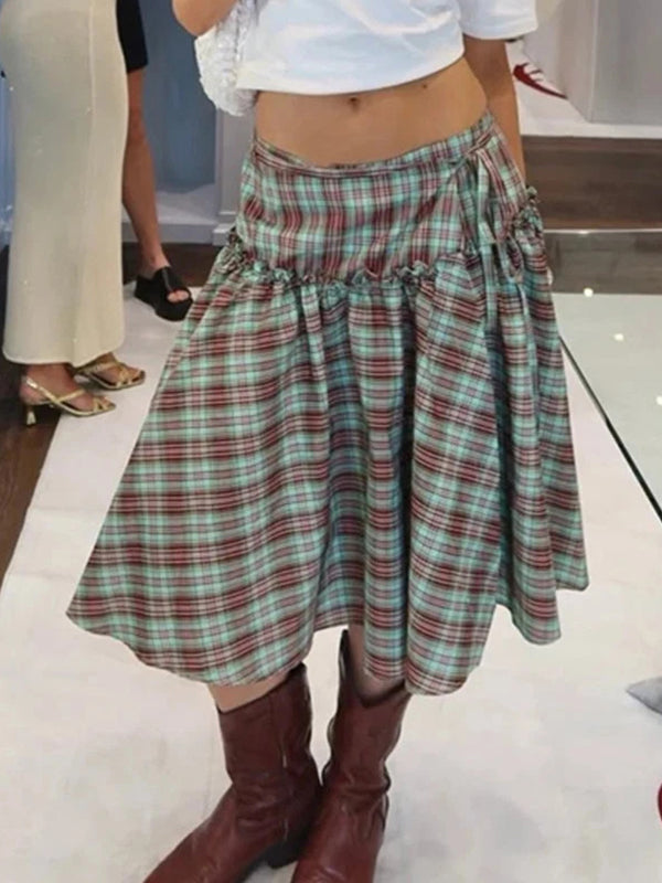 Sweet-Style Colour-Blocked Checks Maxi Skirt