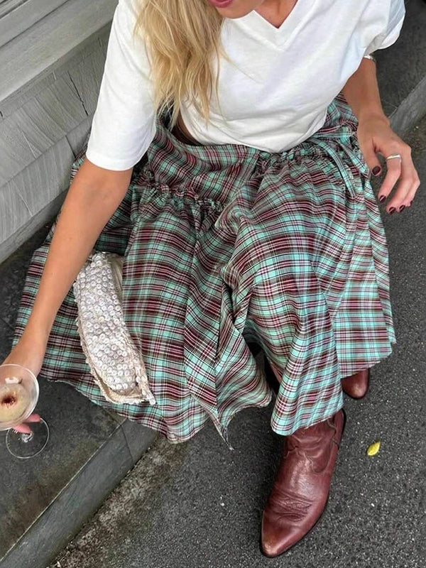 Sweet-Style Colour-Blocked Checks Maxi Skirt