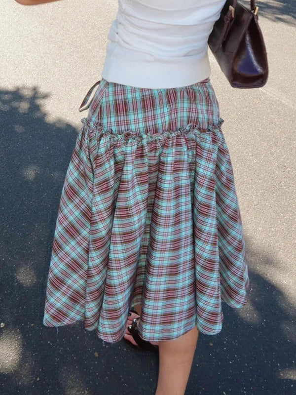 Sweet-Style Colour-Blocked Checks Maxi Skirt