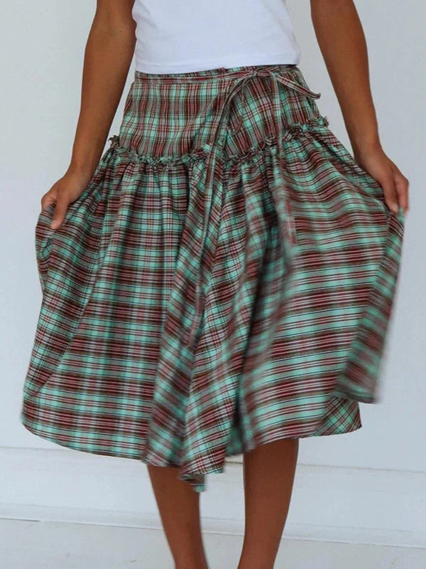 Sweet-Style Colour-Blocked Checks Maxi Skirt