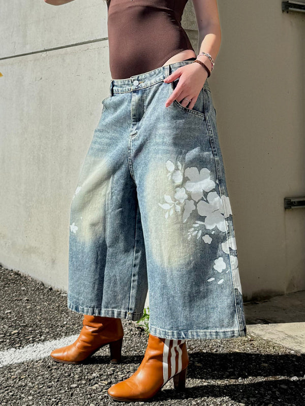 Retro Floral Print Denim Shorts
