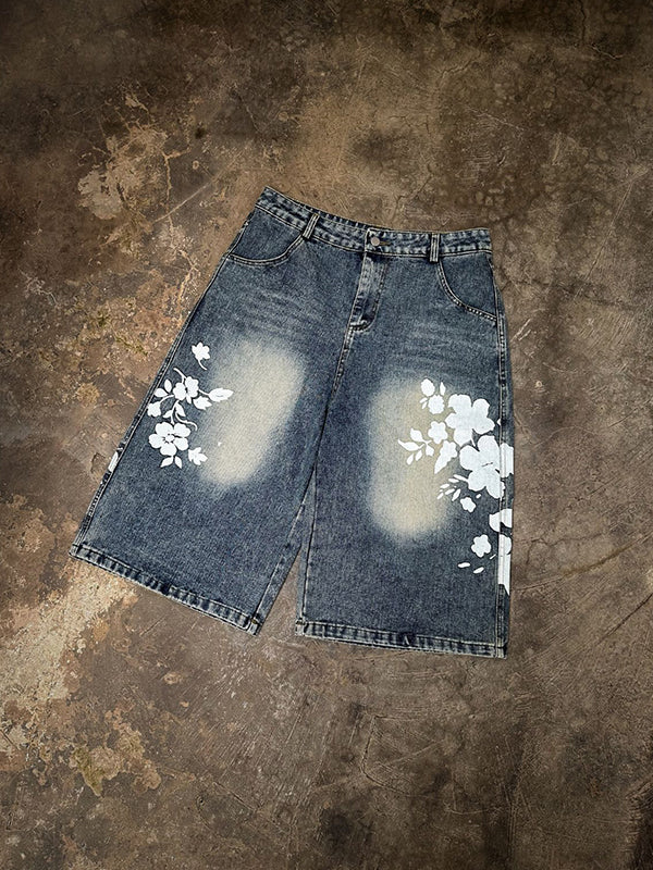 Retro Floral Print Denim Shorts