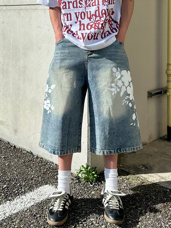 Retro Floral Print Denim Shorts