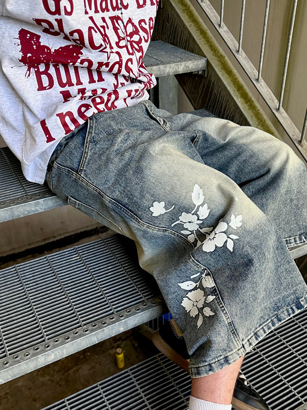 Retro Floral Print Denim Shorts