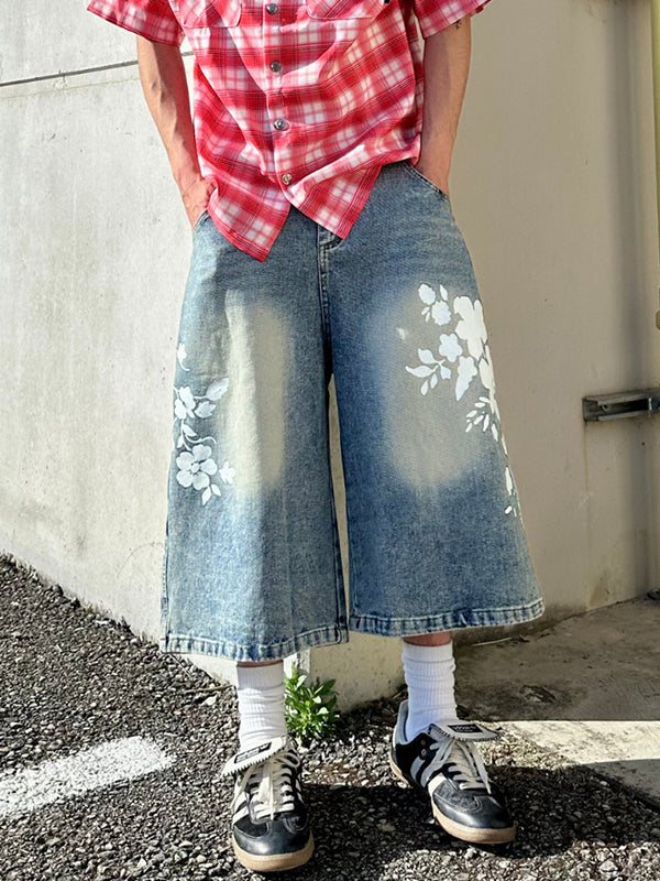 Retro Floral Print Denim Shorts