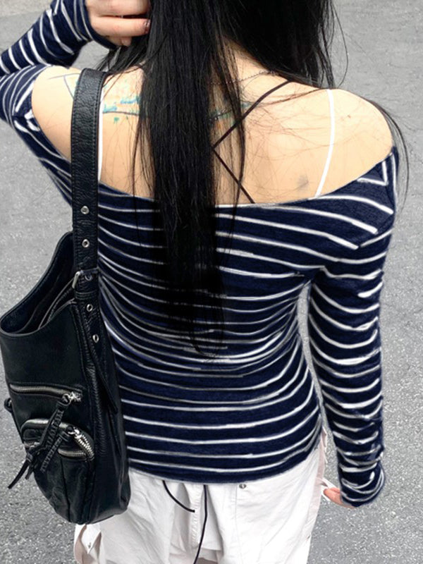Striped One Shoulder Long Sleeve Tee