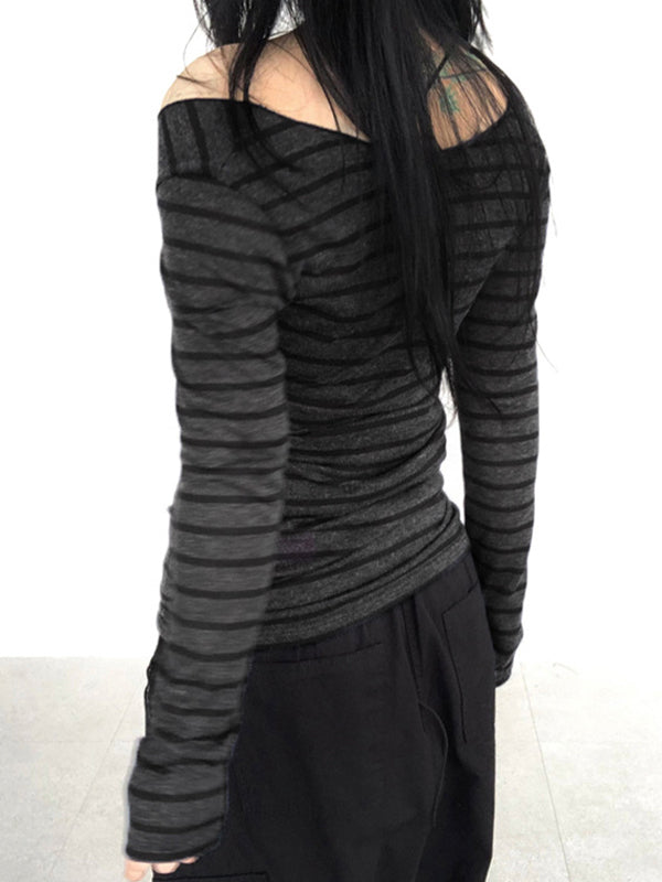 Striped One Shoulder Long Sleeve Tee