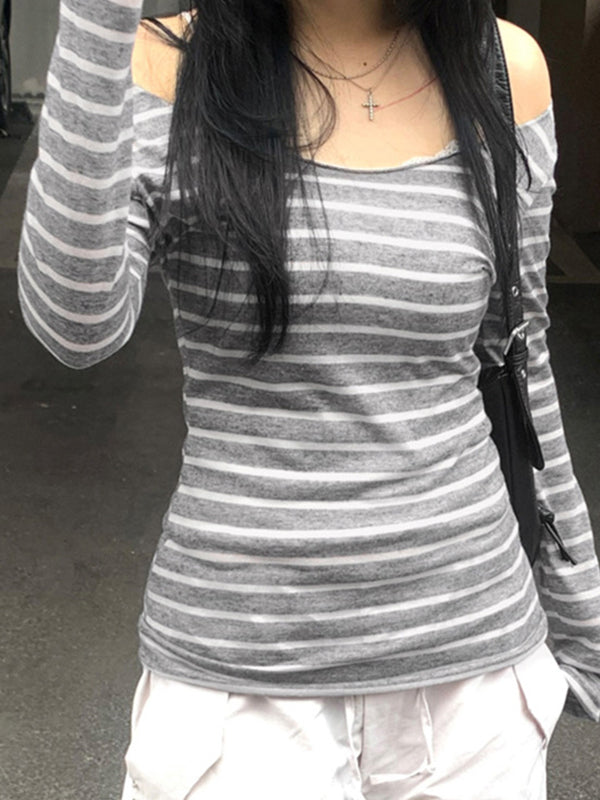 Striped One Shoulder Long Sleeve Tee
