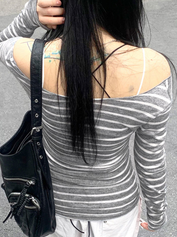 Striped One Shoulder Long Sleeve Tee