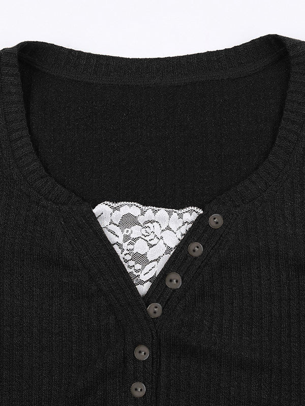 Lace Paneled Button Long Sleeve Knit Top
