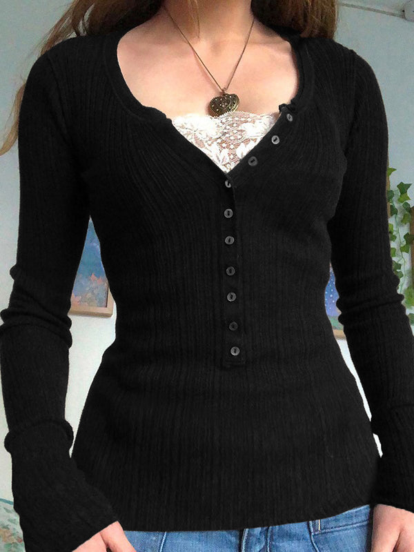 Lace Paneled Button Long Sleeve Knit Top
