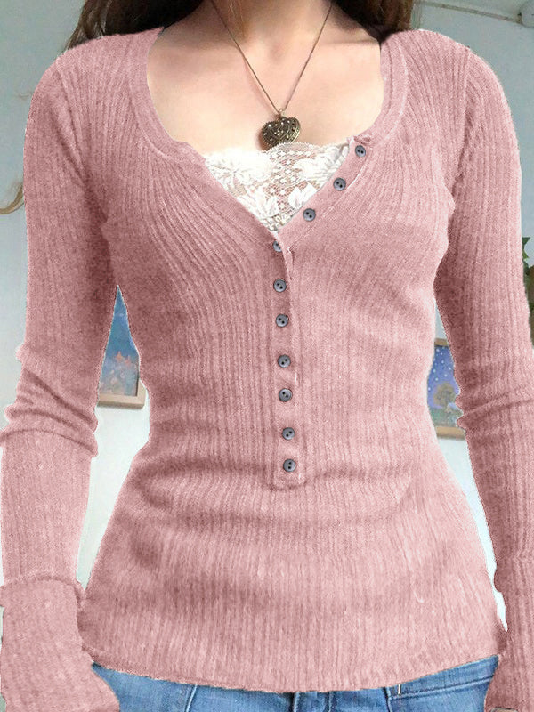 Lace Paneled Button Long Sleeve Knit Top