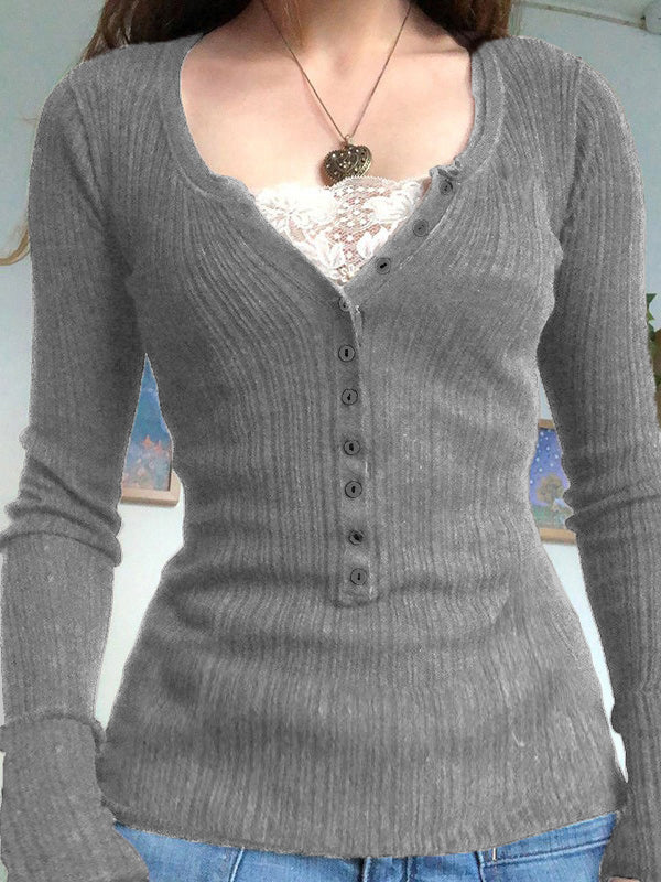 Lace Paneled Button Long Sleeve Knit Top