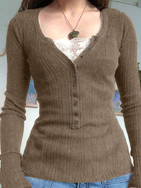 Lace Paneled Button Long Sleeve Knit Top