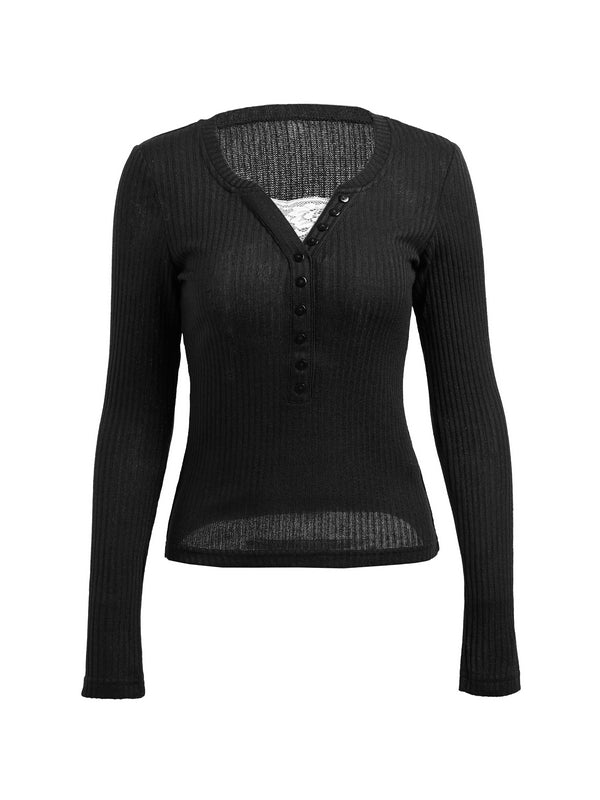 Lace Paneled Button Long Sleeve Knit Top