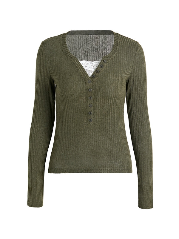Lace Paneled Button Long Sleeve Knit Top